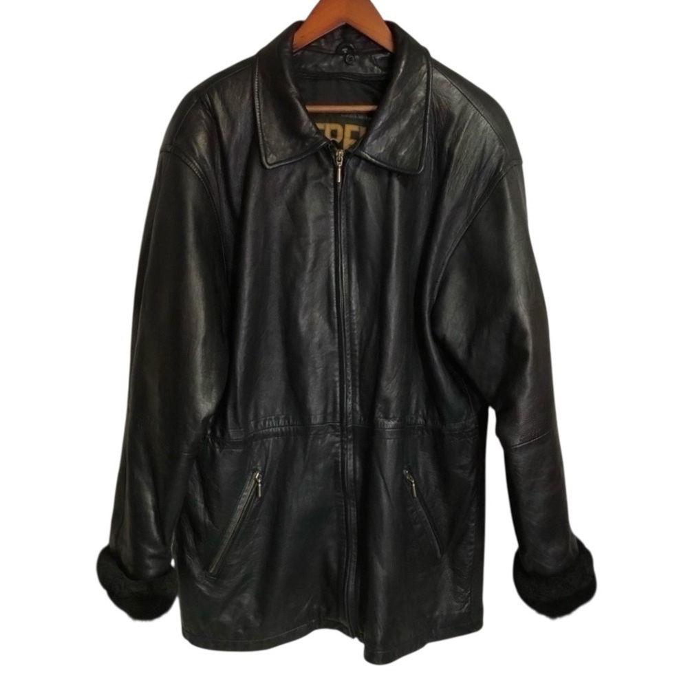 𝅺VINTAGE TREK Black Soft Leather Zip Cinch Waist Fur Trimmed Cuff Jacket Coat M